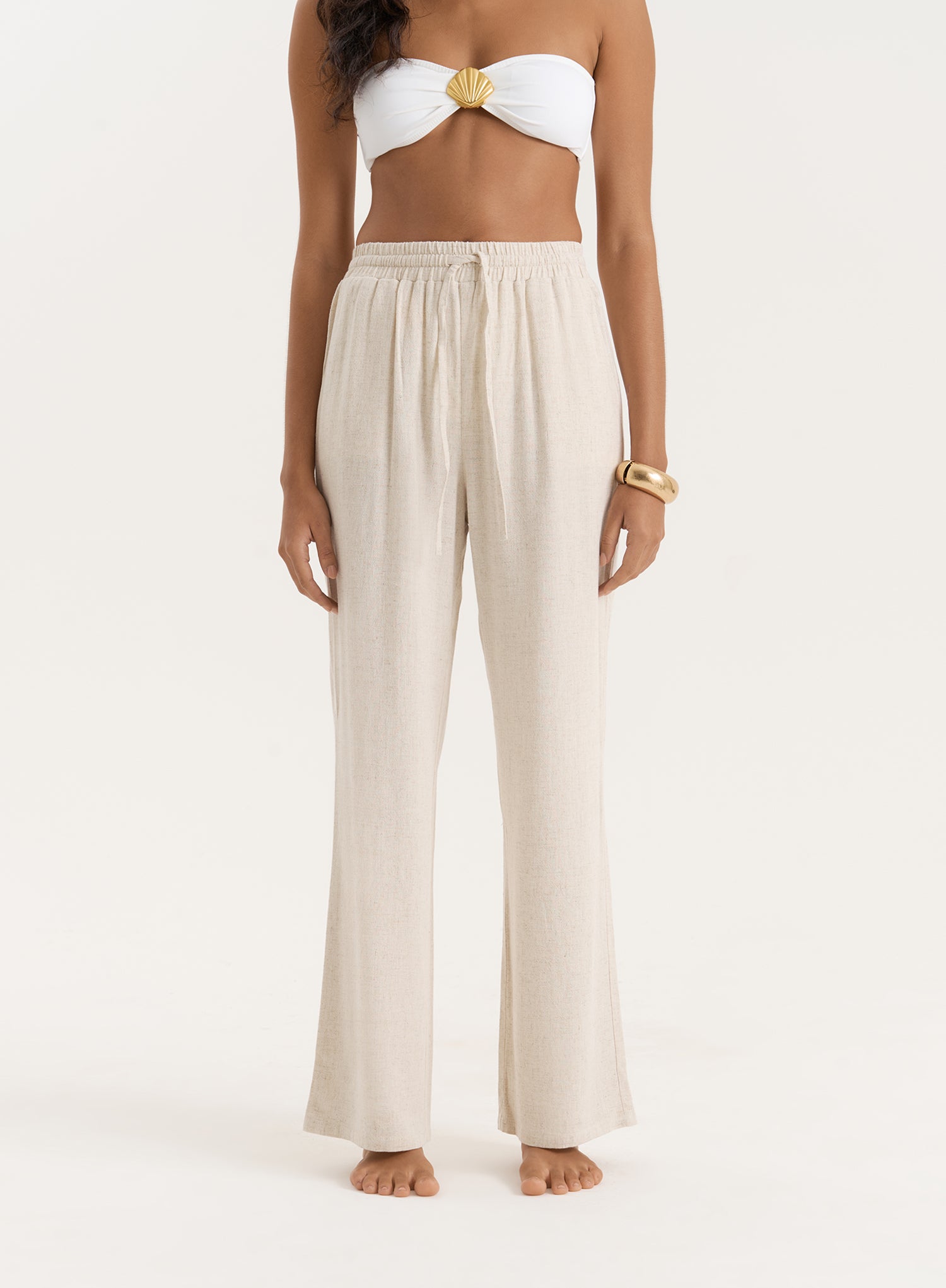 Beige Linen Blend Wide Leg Trouser